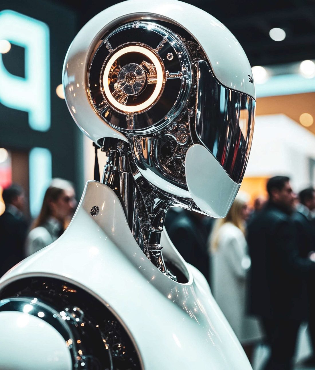 A general-purpose humanoid robot on display at a technology trade show, its head and torso a mix of white panels and exposed chrome mechanics